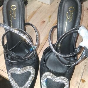 Women’s Black Heels with Rhinestone Heart